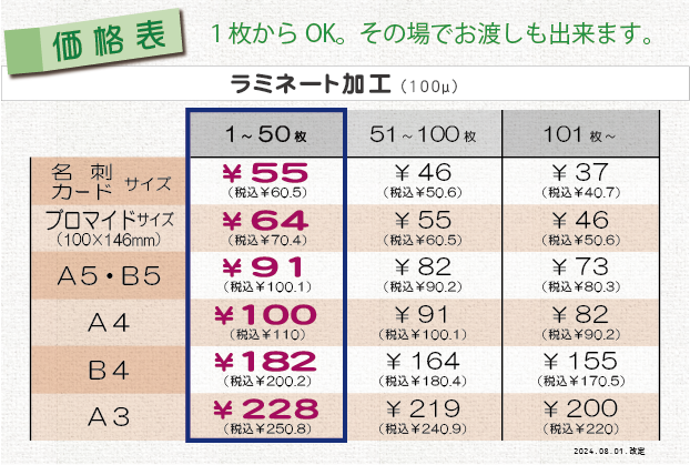 価格表①＿ラミネート加工