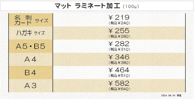 価格表④＿ラミネート加工＿マット ラミネート加工（社外品）