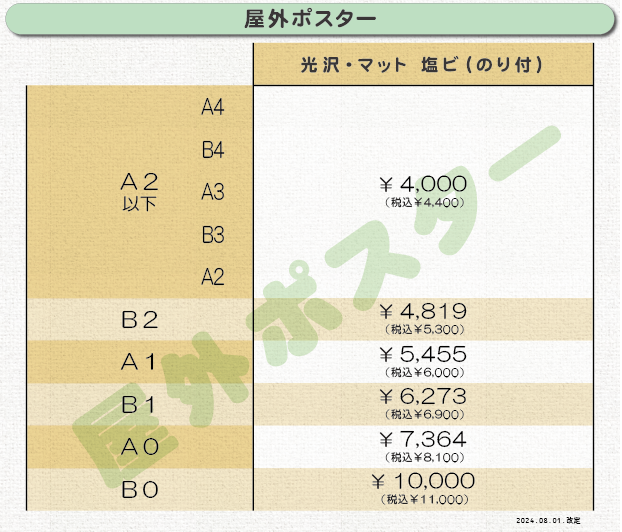 価格表②＿大判ポスター印刷（屋外ポスター、社外品）